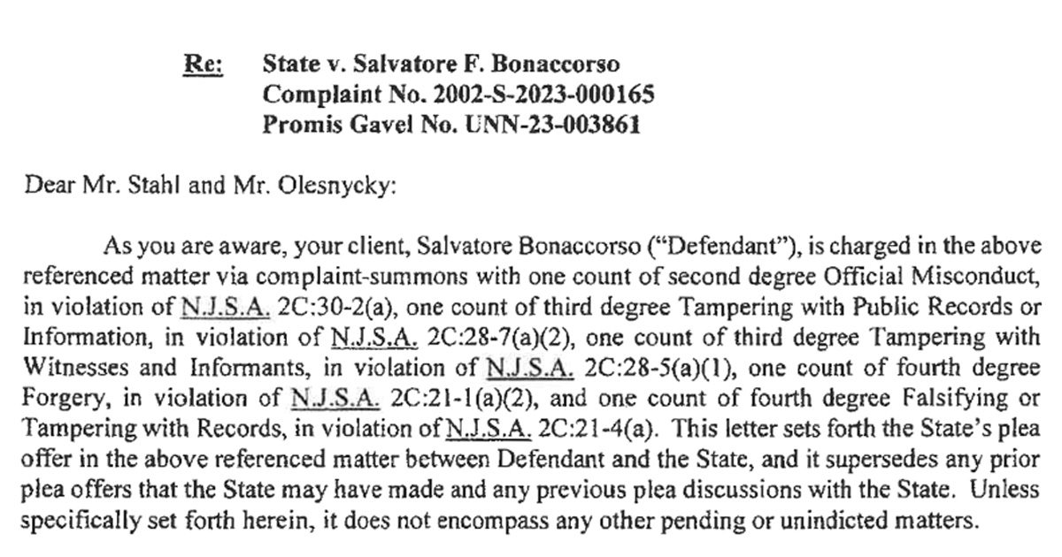 Read the plea agreement that convicted Clark Mayor Sal Bonaccorso of Conspiracy to Commit Official Misconduct and Conspiracy to Commit Forgery